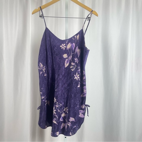 California Dynasty Vintage Large Floral Satin Bow Side Slit Chemise Slip Dress - Picture 1 of 6